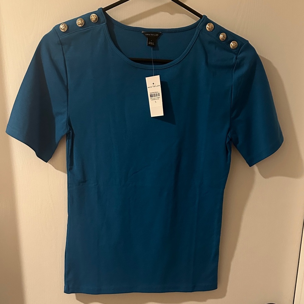 Ann Taylor Teal Short Sleeve Top with Button Accents